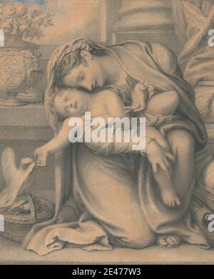 Richard Cosway, 1742–1821, inglese, Madonna e Bambino, senza titolo. Acquerello e grafite su carta media, leggermente testurizzata, wove beige. Cesto , uccelli , bambino , Cristo-bambino che gioca  Madonna-rappresentazioni (+ Spirito Santo (come colomba)) , colonna (elemento architettonico) , tende , colomba , fiori (piante) , madre , soggetto religioso e mitologico , rose (pianta) , vasi , donna. Gesù Cristo (dal 7-2 a.C. al 30-36 d.C.) Madonna Foto Stock