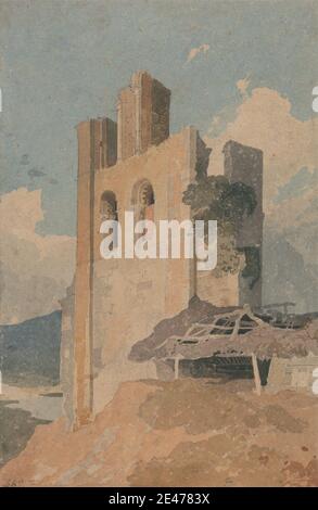 John Sell Cotman, 1782–1842, British, Sheriff Hutton Castle, Yorkshire, ca. 1808. Acquerello e grafite su carta media, moderatamente testurizzata, di colore beige. Soggetto architettonico, castello. Inghilterra , Europa , Sheriff Hutton , Regno Unito , Yorkshire Foto Stock