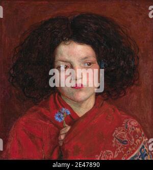 Ford Madox Brown, 1821–1893, British, The Irish Girl, 1860. Olio su tela posato a bordo. Blu , bambino , fiori di mais , fiore (pianta) , ragazza , irlandese , paisley , motivo , ritratto , rosso , scialle , venditore di strada Foto Stock