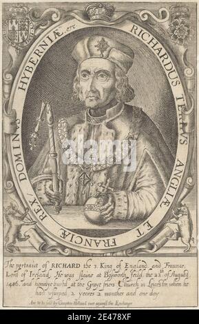 Stampa attribuita a Renold Elstrack, 1570–1625(?), British, Richard III, 1618 o 1628. Incisione a filo su carta media, leggermente testurizzata, crema. Spezzata , cartouche , stemma , costume , cresta , corone , erminio , fiori (motivi) , illustrazione , gioielli , re (persona) , Orb , ovale , ritratto , accappatoio , regalità , scettro. Richard III (1452–1485), re d'Inghilterra e signore d'Irlanda Foto Stock