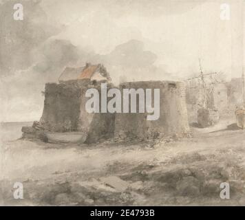 Eneage Finch quarto Conte di Aylesford, 1751–1812, britannico, Tenby, non datato. Penna, inchiostro grigio, inchiostro marrone, lavaggio grigio, e lavaggio marrone su carta sottile, leggermente testurizzata, crema. Soggetto architettonico , porto , paesaggio , pareti. Europa , Pembrokeshire , Tenby , Regno Unito , Galles Foto Stock