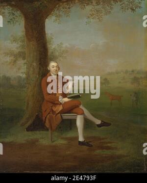 Arthur Devis, 1712–1787, inglese, probabilmente John Trevor, terzo barone Trevor, di St. Anne's Hill, Surrey, e Trevalyn Hall, Denbighshire (ex T. Travers, Esq.), 1763. Olio su tela. Animali , barone , libro , fibbie , sedia , casa di campagna , campi (terreno agricolo) , giardino , georgiano , colline , cavalli (animali) , uomo , ritratto , lettura , rurale , calze Foto Stock