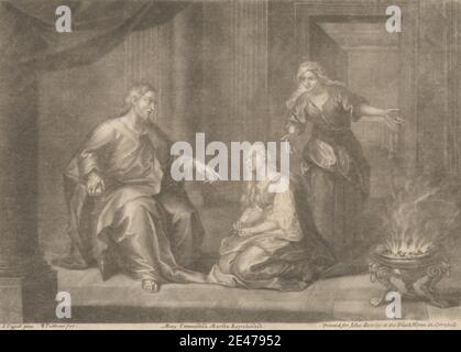Stampa realizzata da William Faithorne, 1656–ca. 1701, British, Mary lodò Martha Reprehended, tra il 1752 e il 1768. Mezzotinta su carta di media, leggermente testurizzata, beige. Barba , fuoco , gesturing , inginocchiarsi , Maria si inginocchia piangendo davanti a Cristo; a volte si mostra anche Cristo piangendo , indicando , soggetto religioso e mitologico , accappatoi , sorelle , parlando , donne. Gesù Cristo (7-2 a.C./a.C.-30-36 d.C.) Maria di Betania (1 sec.), figura biblica Martha, sorella di Maria di Betania Foto Stock