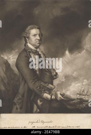 Edward Fisher, 1722–1785, inglese, Ammiraglio George Edgcumbe, primo conte di Mount Edgcumbe, 1760. Mezzotint su carta lievemente spessa, leggermente testurizzata, beige. ammiraglio , nuvole , costa , cappotto , cravat , polsini , ricamo , gesturing , pizzo , arte marina , meteorologia , uniforme militare , marina , oceano , puntamento , ritratto , posa , nastro , rocce (forme di terra) , vele , scienza , nave , tempesta , onde (eventi naturali). Edgcumbe, Ammiraglio George, i conte di Monte Edgcumbe, PC (1720-1795), ufficiale navale e politico Foto Stock