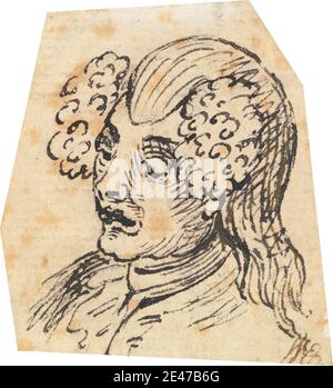 Attribuito a William Hogarth, 1697–1764, britannico, grottesco maschio testa, non datato. Penna e inchiostro nero su carta media, leggermente testurizzata, crema. Caricature , teste , uomini , parrucche , rughe Foto Stock