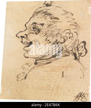 Attribuito a William Hogarth, 1697–1764, britannico, grottesco maschio testa, non datato. Penna e inchiostro nero su carta media, leggermente testurizzata, crema posata. Caricatura , pastelli , teste , uomini , denti , parrucche , rughe Foto Stock