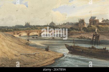François Louis Thomas Francia, 1772–1839, francese, attivo in Gran Bretagna, il Pont de la Concorde e il Palazzo Tuileries dal Cours la Reine, 1823. Acquerello e inchiostro marrone e gouache su grafite su carta media, liscia, crema wove. Ponte ad arco , soggetto architettonico , chiatte (imbarcazione a fondo piatto) , uccelli , ponte (opera costruita) , paesaggio urbano , cupola , pescatori , pesca , bandiere , Grand Tour , uomini , palazzo , parco (terreni) , fiume, rive del fiume. Île-de-France , Parigi , Parigi , Parigi , Parigi , Résidence des Téleries , Parigi , Parigi , Résidence de la Concorde , Parigi Foto Stock