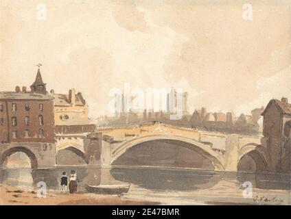 John Varley, 1778–1842, inglese, vista di York, non datata. Acquerello e grafite su carta wove beige di spessore moderato. Arco ponte , archi , soggetto architettonico , barca , ponte (opera costruita) , edifici , chiesa , città , paesaggio urbano , figure , case , fiume , rive del fiume , torri , passeggiate. Inghilterra , Europa , Regno Unito , York , York Foto Stock