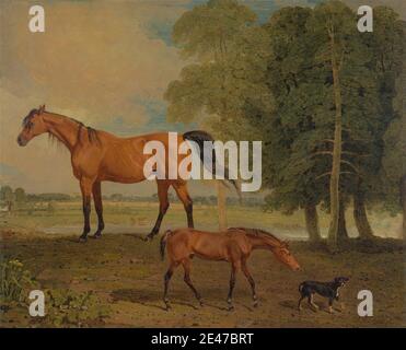 Benjamin Marshall, 1768–1835, British, Broodmare con Foal, e un Terrier, 1822. Olio su tela. Animali , cane (animale) , campo , foal , pascolo , cavallo (animale) , cavalli (animali) , lago , paesaggio , rurale , Terrier (cane) , acqua Foto Stock