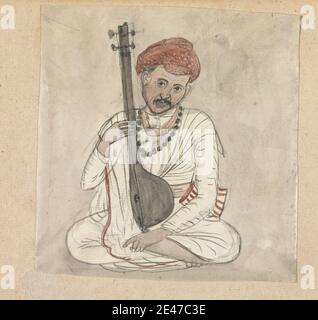 Attribuito a Gangaram Chintaman Tambat, attivo 1790 s, anglo-indiano, uomo con uno strumento stringed, non ondeggiato. Acquerello, gouache e grafite con penna e inchiostro nero su carta media, leggermente testurizzata, crema. Dominio pubblico Foto Stock