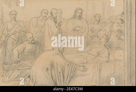 Richard Westall, 1765–1836, britannico, Cristo che eleva il Figlio della vedova (Luca 7:13-16), prima del 1836. Grafite su carta media, liscia, color crema. Cristo tocca il bier del figlio della vedova di Nain: Il giovane si siede , morte , illustrazione , uomini , miracolo , nuovo Testamento , cuscino , profeta , soggetto religioso e mitologico , accappatoio , lenzuola , figlio , vedova , donna. Gesù Cristo (dal 7-2 a.C./a.C. al 30-36 d.C.) Foto Stock