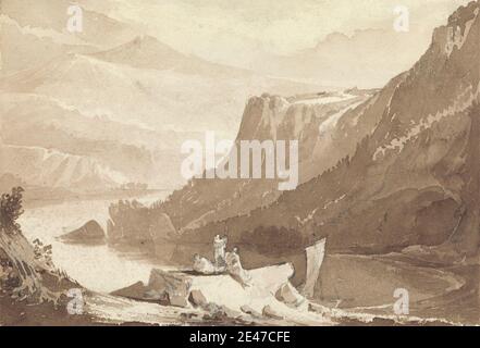 Attribuito a John Martin, 1789–1854, inglese, paesaggio montagnoso con figure e una roccia sopra un lago, non datato. Marrone lavaggio e grafite su carta media, leggermente testurizzata, crema wove. Barche , scogliere , figure , lago , paesaggio , uomini , montagne , rocce (forme di terra) , barche a vela , alberi Foto Stock