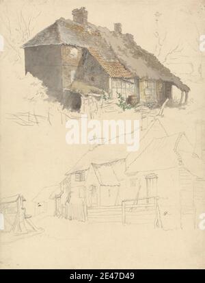 Robert Hills, 1769–1844, inglese, schizzi di Cottages: Due studi su un foglio, non datato. Acquerello e grafite su carta media, leggermente testurizzata, crema di wove. Soggetto architettonico , barile , cottage , recinzione , tetto , capanne , studi (opere visive) Foto Stock