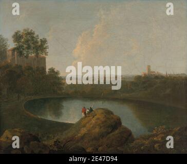 Imitatore di Richard Wilson RA, 1714–1782, britannico, attivo in Italia (1750–56), capo del lago Nemi, ca. 1800. Olio su tela. boulder , costruzione , lago , paesaggio , persone , scienza , vulcano. Italia , Lago di Nemi , Lazio , Roma Foto Stock