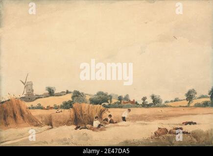 François Louis Thomas Francia, 1772–1839, francese, attivo in Gran Bretagna, Harvest, non datato. Acquerello e grafite su carta media, leggermente testurizzata, crema di wove. Agricoltura , campi , genere soggetto , raccolto , fieno , paesaggio , persone , alberi , mulino a vento Foto Stock