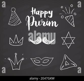 Set di icone in purim disegnate a mano. Elementi tradizionali di festa ebraica doodles. Illustrazione vettoriale su sfondo lavagna. Illustrazione Vettoriale