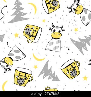 modello senza cuciture con mucca, albero di natale e tazza, stelle e colpi, modello per tessuto, carta da parati o carta, natale e nuovo anno, anno del toro Illustrazione Vettoriale
