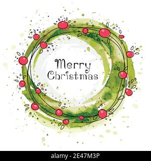 Acquerello rotondo Natale corona di ramoscelli e bacche, buon Natale e auguri felice anno nuovo, Capodanno`s illustrazione, Capodanno`s scheda Illustrazione Vettoriale