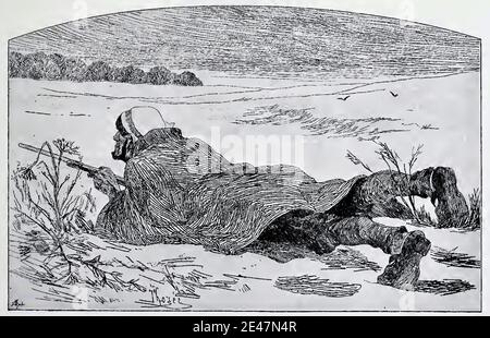 Felicien ROPS Illustartion intitolato on the Lookout. Un uomo che posa a terra con il fucile in mano sullo sguardo. Foto Stock