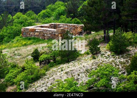 Rovine di un vecchio edificio in pietra abbandonato in bosco. Foto Stock