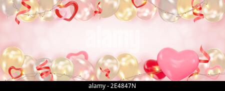 San Valentino sfondo giorno con cuori, palloncini, ghirlande splendenti, Tinsel. Composizione romantica da palle con spazio per il testo. Modello per compleanno Illustrazione Vettoriale