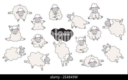 Yoga animali domestici. Simpatici atleti di pecora si alzano in un'asana e sono impegnati in fitness, ginnastica e meditazione, un hobby. Sheep Yoga - un set di colori Illustrazione Vettoriale