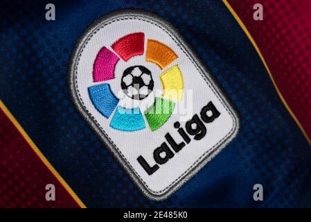 Close up La Liga badge su un FC Barcelona jersey. Foto Stock