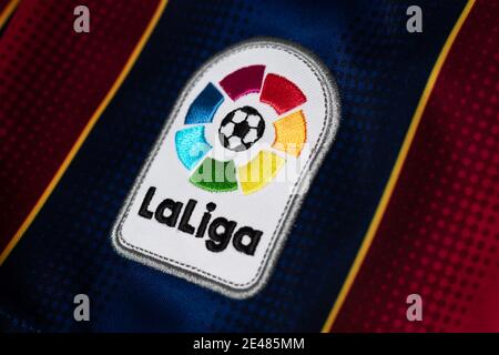 Close up La Liga badge su un FC Barcelona jersey. Foto Stock