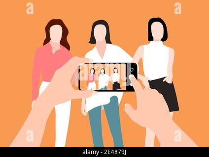 Le mani di un uomo che scatta foto di gruppo di donne con uno smartphone e che mostra la foto sullo schermo. Illustrazione Vettoriale