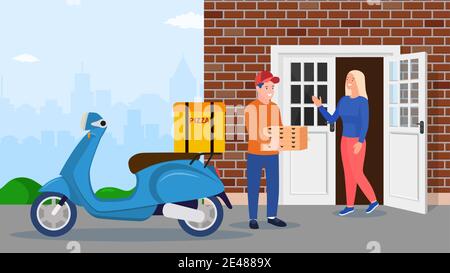 uomo di consegna che porta un mucchio di scatole di pizza Illustrazione Vettoriale