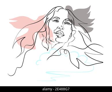 surreal face linea continua arte, ritratto contemporaneo Illustrazione Vettoriale