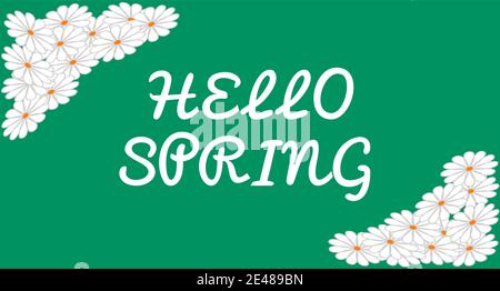 Ciao primavera banner designwith bianco fiori vettore illustrazione Illustrazione Vettoriale