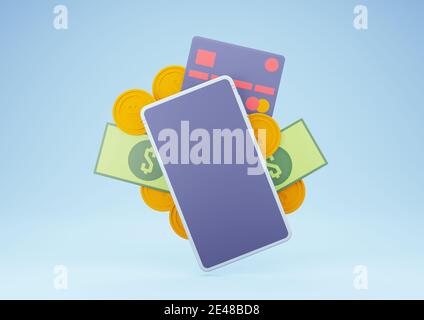 Smartphone 3D rendering con denaro e carta di credito. Internet Banking e concetto di pagamento onine. Foto Stock