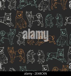 Vector grigio scuro cani shiba inu schizzo motivo di sfondo senza cuciture. Adatto per confezioni regalo, tessuti e carta da parati. Illustrazione Vettoriale