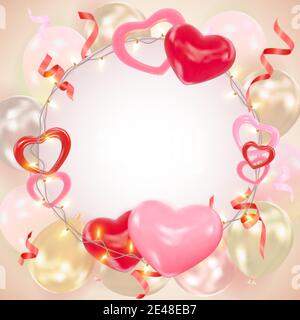 San Valentino sfondo giorno con cuori, palloncini, ghirlande splendenti, Tinsel. Composizione romantica con spazio per testo per biglietto d'auguri, volantino, banner Illustrazione Vettoriale