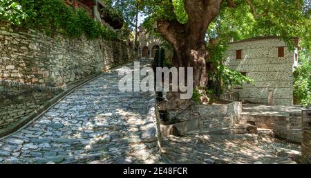 Makrinitsa villaggio, un bellissimo villaggio costruito in pietra, sul Monte Pelio, regione della Tessaglia, Grecia, Europa. Foto Stock