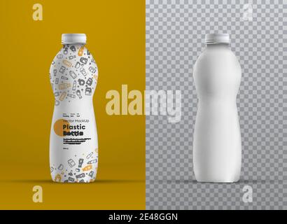 Biberon curvo Vector realistic mockup in plastica per succhi, yogurt, kefir o latte. Modello per la presentazione del design dell'etichetta. Illustrazione Vettoriale