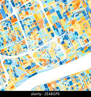 Mappa artistica a colori di Detroit, Michigan, UnitedStates in blu e arance. Le gradazioni di colore nella mappa di Detroit seguono un motivo casuale. Illustrazione Vettoriale