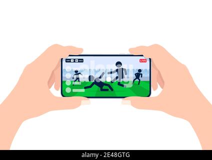 Calcio o campionato di calcio in streaming dal vivo sul telefono cellulare. Uomo che tiene in mano lo smartphone e guarda online qualsiasi partita di calcio dal vivo. Illustrazione Vettoriale