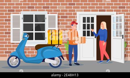 uomo di consegna che porta un mucchio di scatole di pizza Illustrazione Vettoriale