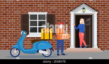 uomo di consegna che porta un mucchio di scatole di pizza Illustrazione Vettoriale