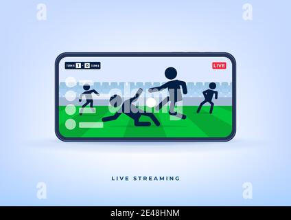 Calcio o campionato di calcio in streaming dal vivo sul telefono cellulare. Guarda online qualsiasi partita di calcio dal vivo. Illustrazione Vettoriale