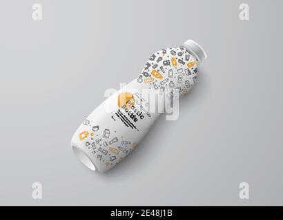 Vettore realistico mockup di una bottiglia di plastica bianca che giace su uno sfondo grigio. Modello per la presentazione del disegno dell'etichetta di yogurt, latte, kefir Illustrazione Vettoriale