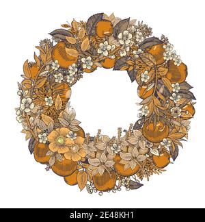 Fiori di mela. Cornice rotonda. Illustrazione di sfondo. Contorno del disegno a mano. Fioritura di piante da giardino. Immagine astratta della pianta. Illustrazione Vettoriale