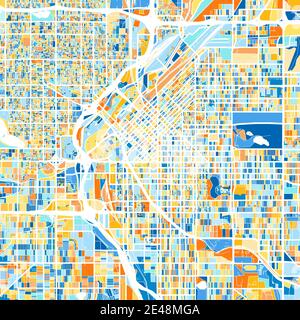 Mappa artistica a colori di Denver, Colorado, UnitedStates in blu e arance. Le gradazioni di colore nella mappa di Denver seguono un motivo casuale. Illustrazione Vettoriale