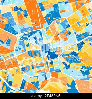 Mappa artistica a colori di Tirana, Albania, blu e arance. Le gradazioni di colore nella mappa di Tirana seguono un motivo casuale. Illustrazione Vettoriale