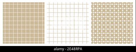 Una serie di tre motivi geometrici beige e bianco. Quadrati astratti e cerchi vuoti. Tutte le linee sono distorte Illustrazione Vettoriale