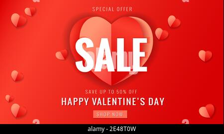 Buon giorno di San Valentino banner di vendita con cuore di carta rosso. Offerta speciale per San Valentino risparmia il 50% con i carini cuori di origami rossi in rosa Illustrazione Vettoriale
