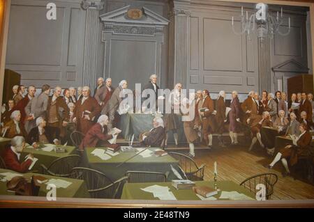 Firma della dichiarazione d'indipendenza Philadelphia USA George Washington per la firma dei famosi padri fondatori della sala di Filadelfia USA Foto Stock