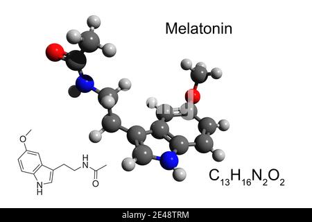 Formula chimica, formula scheletrica e modello 3D palla-e-bastone di ormone melatonina Foto Stock
